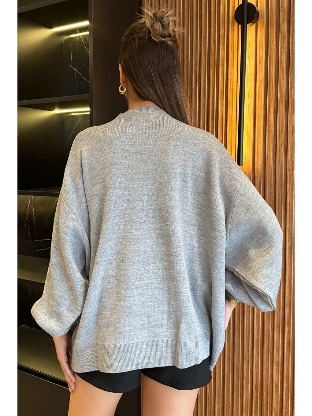 Gri Kadın Bisiklet Yaka Taşlı Salaş Triko Kazak (taşlar Farklı Gelebilir.)-3