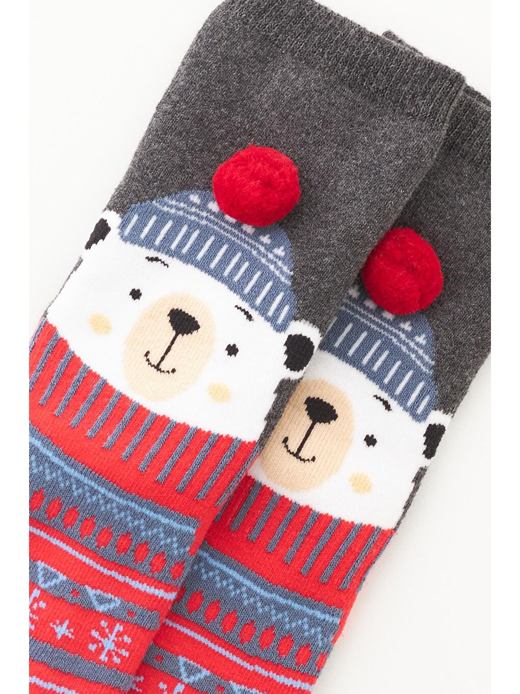 Çocuk Ponpon Detaylı Ayıcıklı Yılbaşı Soket Çorap Gri Melanj-1