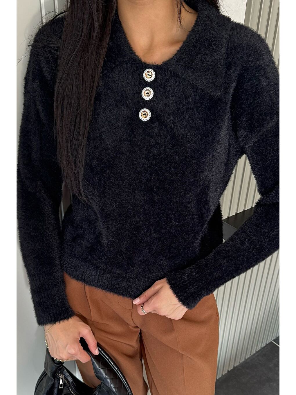 Siyah Gömlek Yaka Düğmeli Şardonlu Triko Kazak (s,m,l,xl Uyumludur)-1