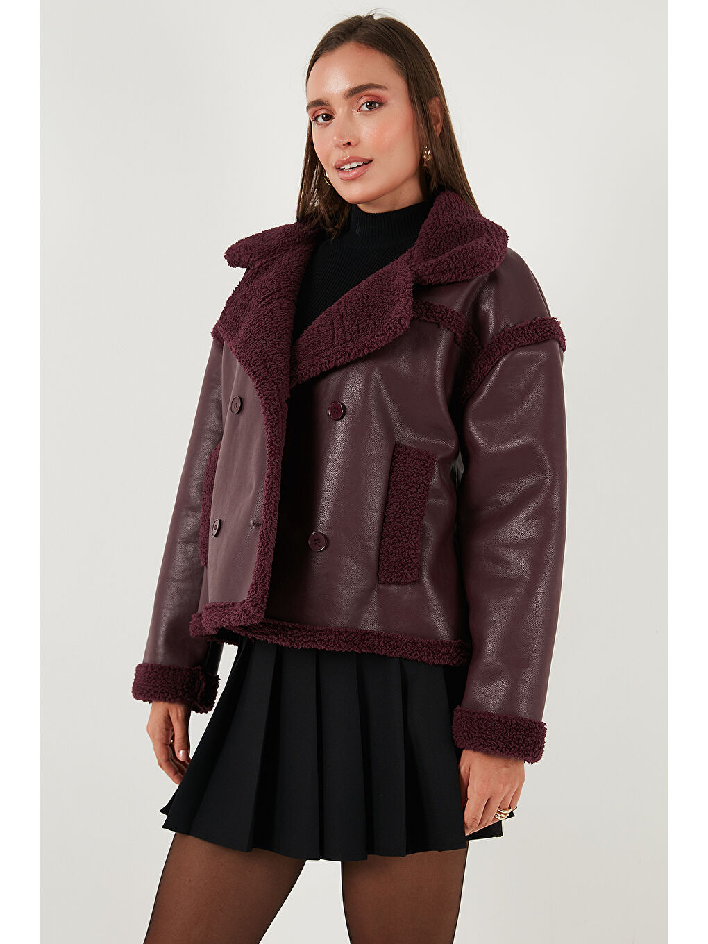Bordo Oversize Kruvaze Yaka Pelüş Detaylı Suni Deri Biker Ceket Mont 6810247-4
