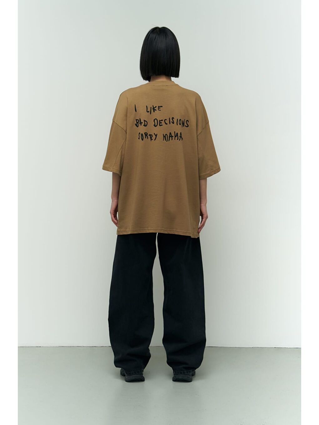 Mai Collection Haki I Like Mama Açık Haki Oversize T-Shirt - 7