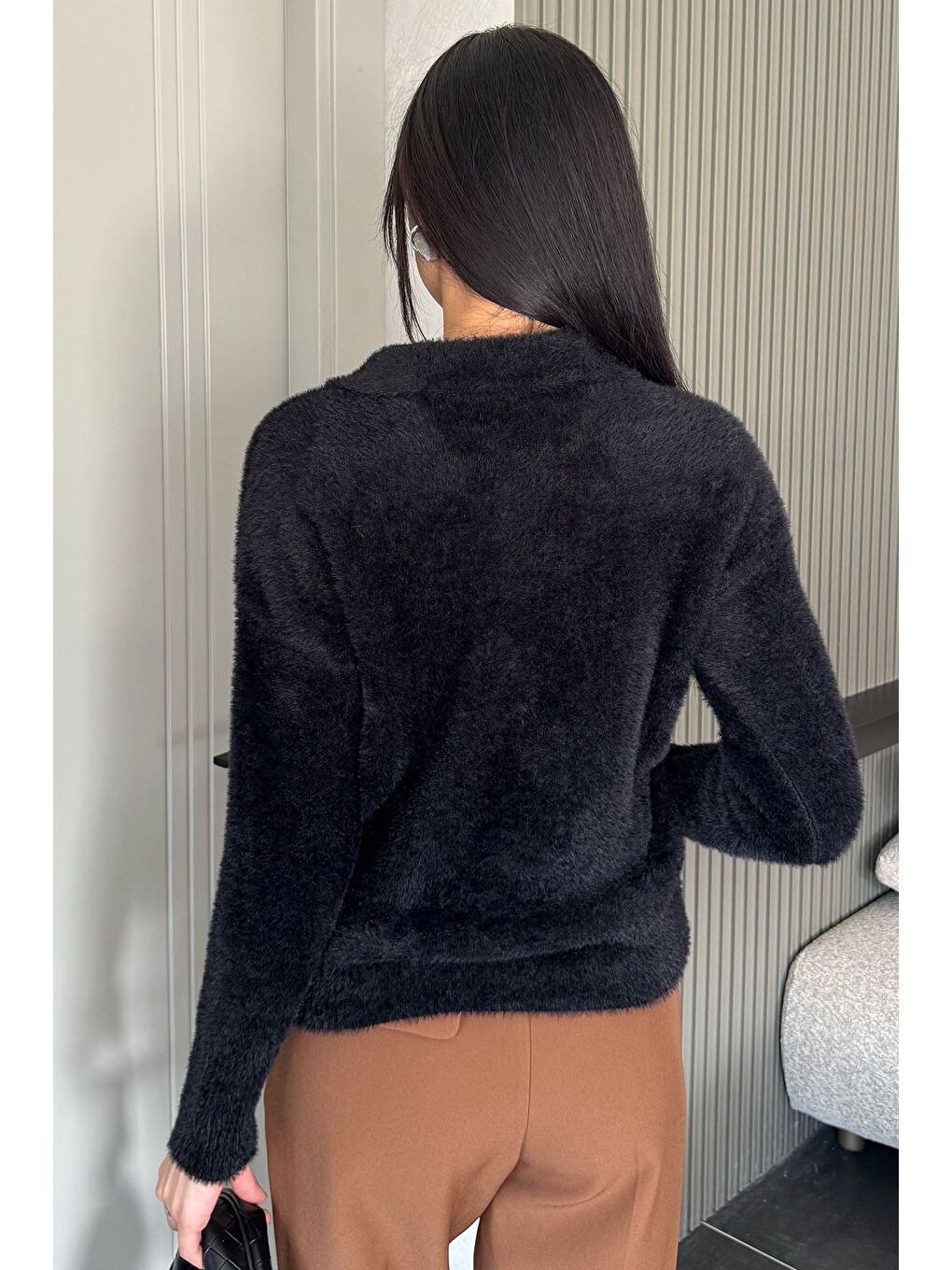 Siyah Gömlek Yaka Düğmeli Şardonlu Triko Kazak (s,m,l,xl Uyumludur)-3