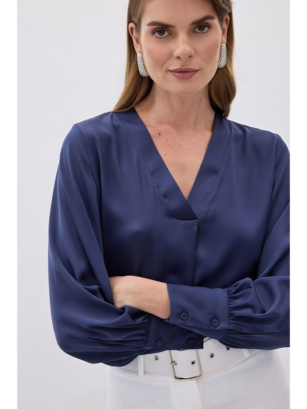 V Yaka Saten Bluz - Lacivert-2