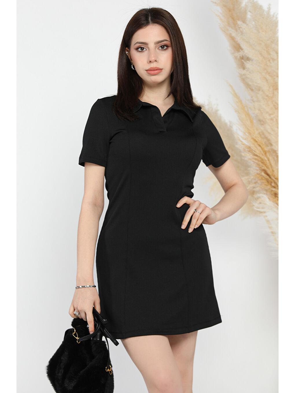 Siyah Kadın Polo Yaka Fitilli Elbise-5
