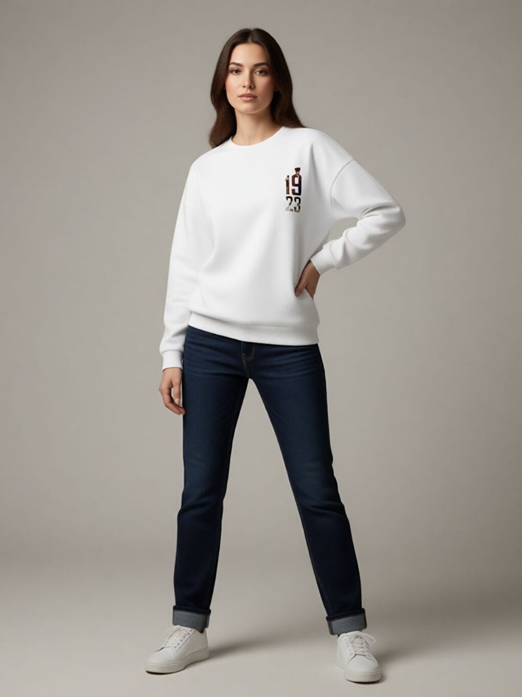 Unisex Erkek Kadın Beyaz 1923 Atatürk Özel Baskılı Bisiklet Yaka Sweatshirt