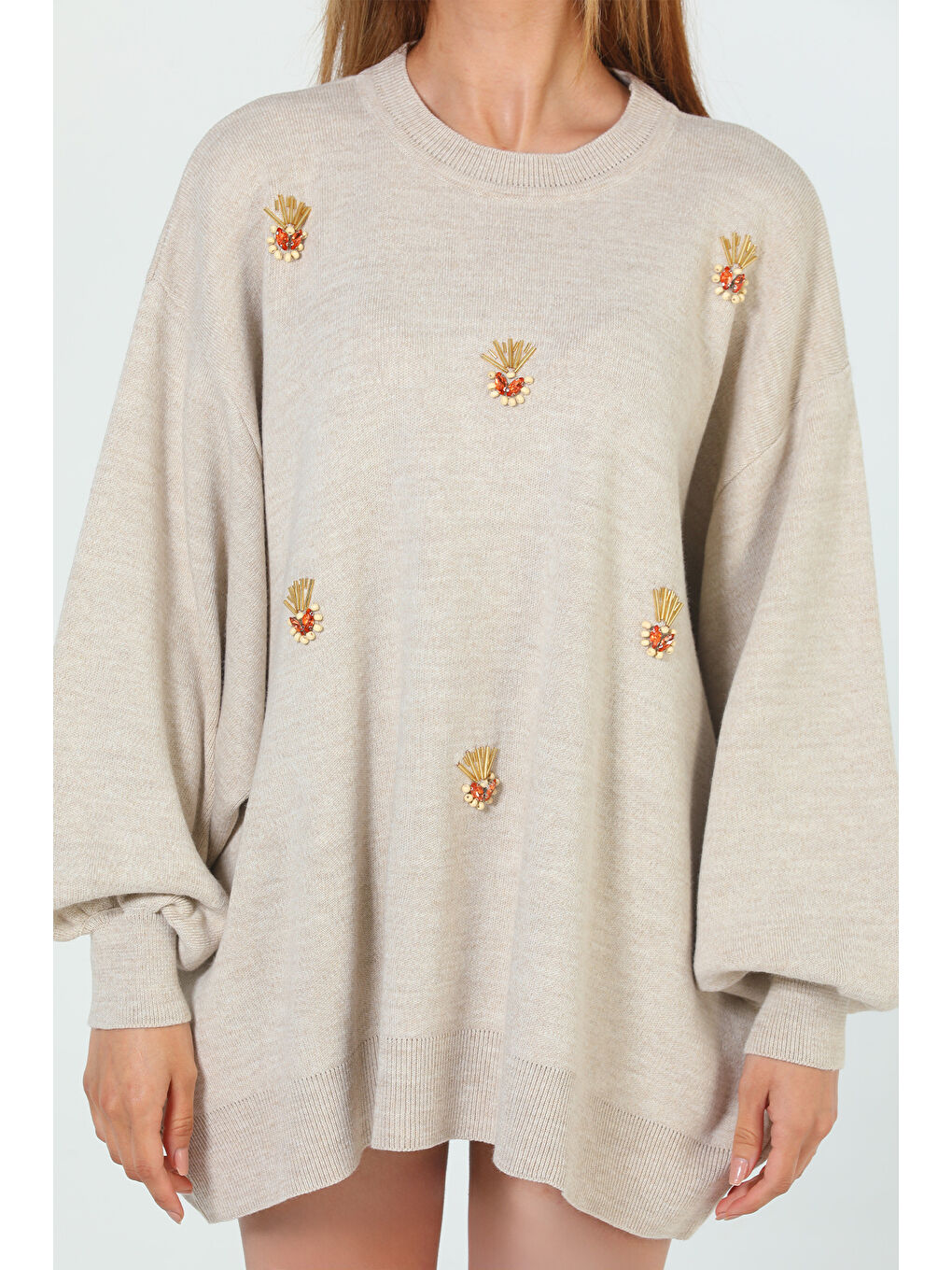 Bej Kadın Bisiklet Yaka Taşlı Salaş Triko Kazak (taşlar Farklı Gelebilir.)-5