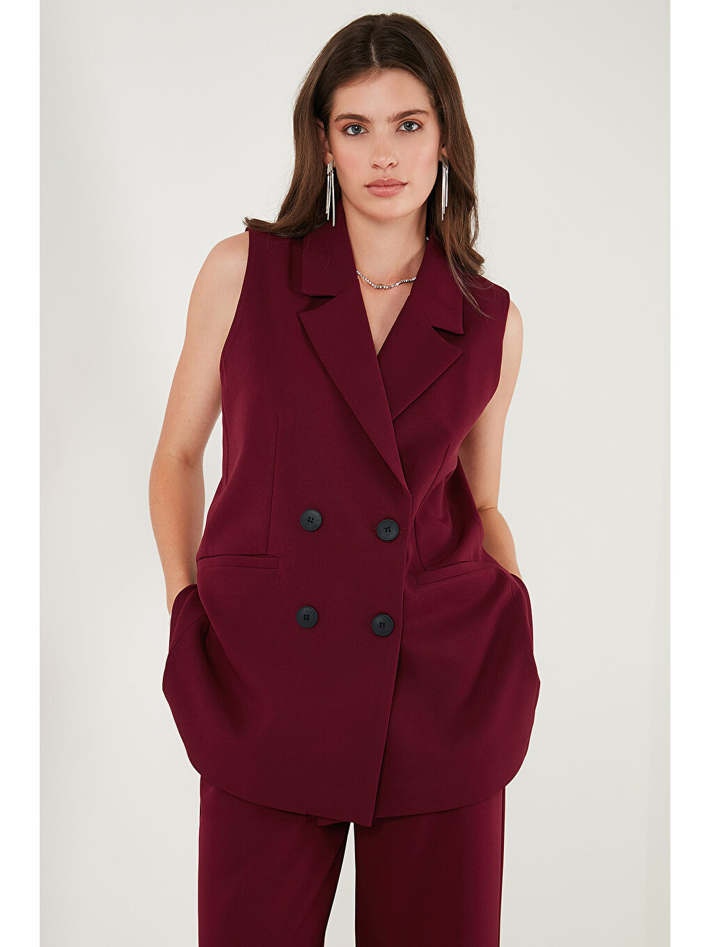 Bordo Oversize Fit Mono Yaka Kolsuz Düğmeli Kadın Ceket Yelek 6521177-2