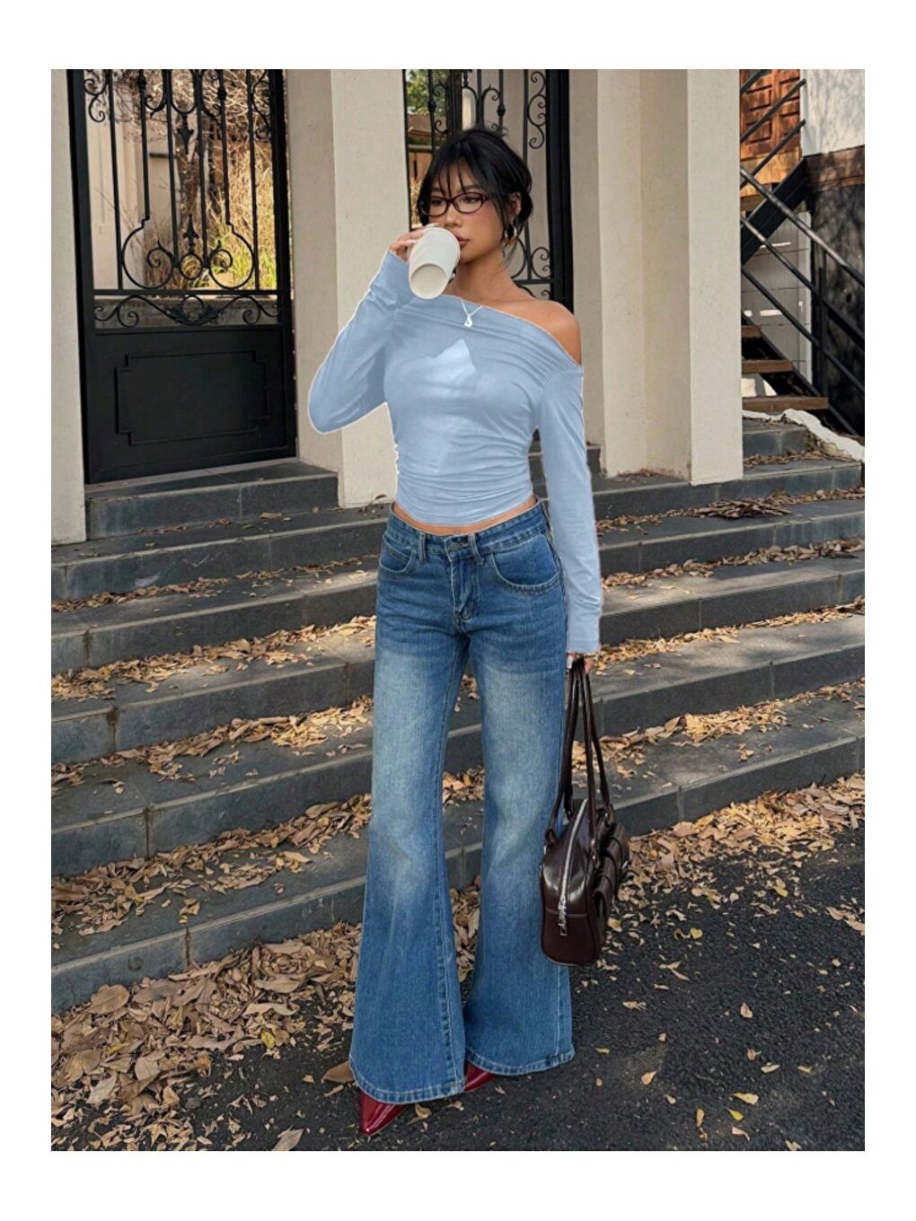 Mavi Kadın Asimetrik Omuz Uzun Kollu Büzgülü Dar Kesim Kısa Tişört-2