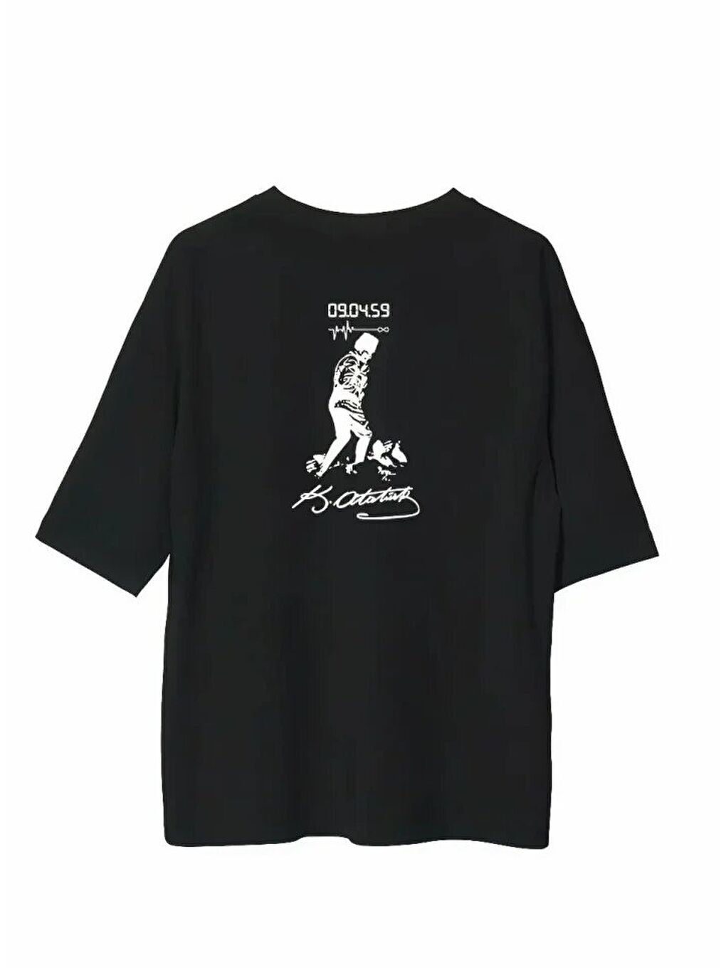 Unisex Bisiklet Yaka Baskılı Oversize T-Shirt - Siyah-1