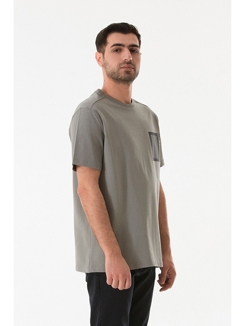 Gri Baskılı Bisiklet Yaka Tişört-3