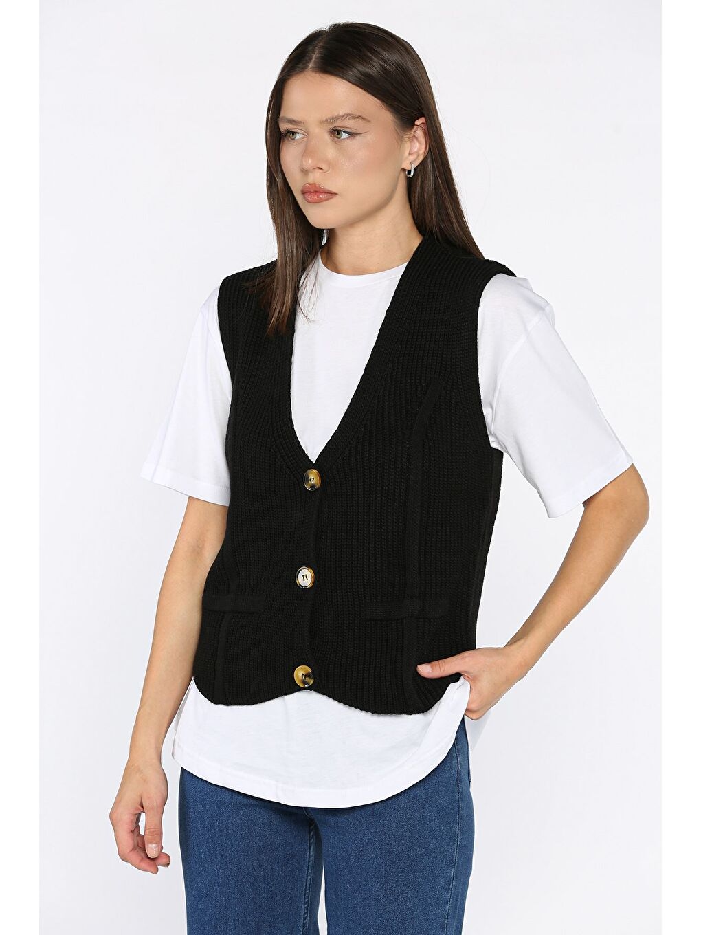 Siyah Kadın Düğmeli Triko Yelek (s-m-l-xl Uyumludur)