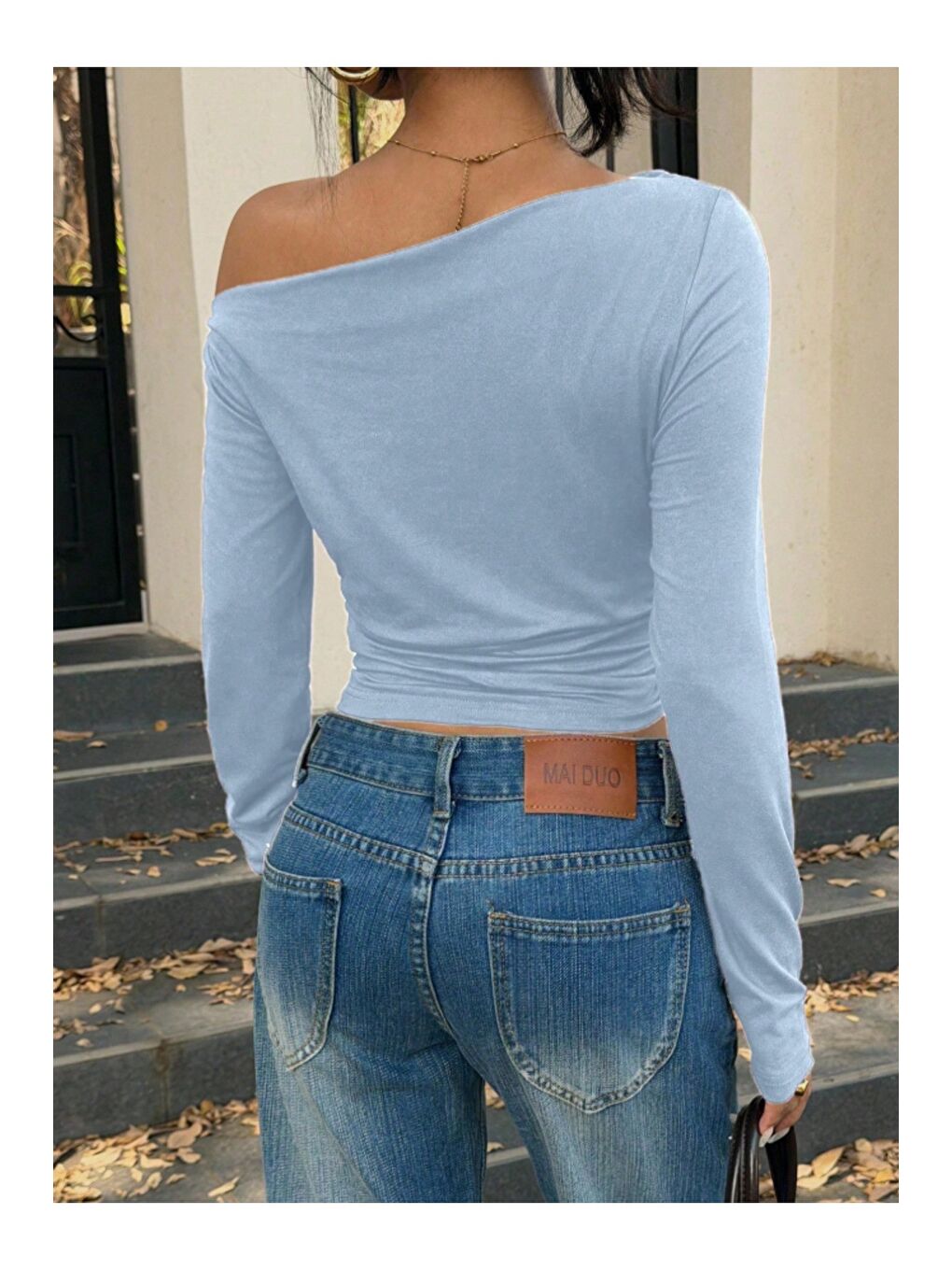 Mavi Kadın Asimetrik Omuz Uzun Kollu Büzgülü Dar Kesim Kısa Tişört-3