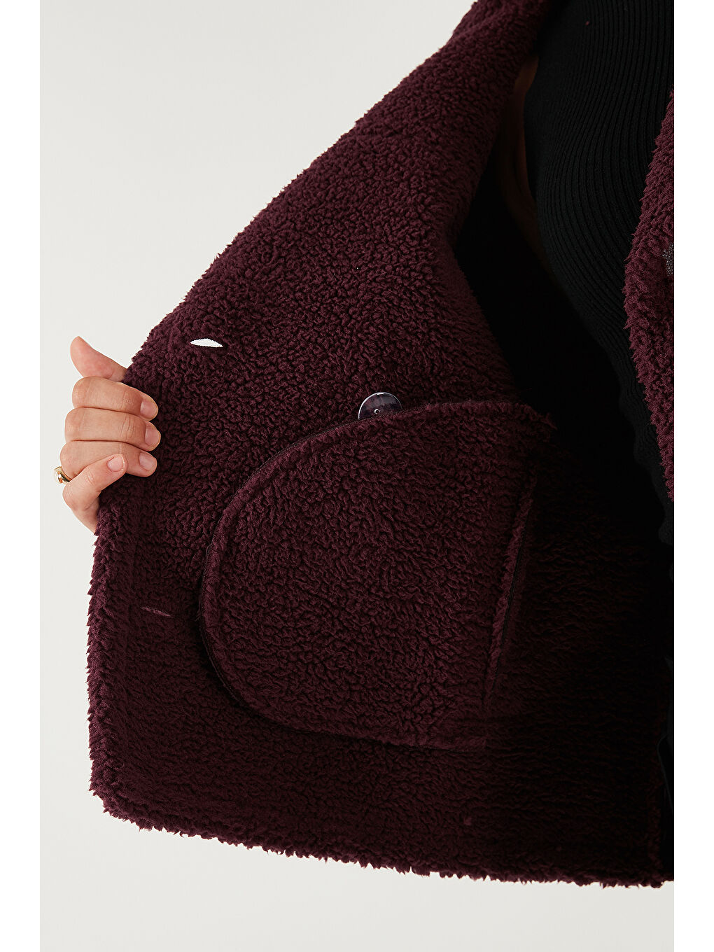 Bordo Oversize Kruvaze Yaka Pelüş Detaylı Suni Deri Biker Ceket Mont 6810247-5