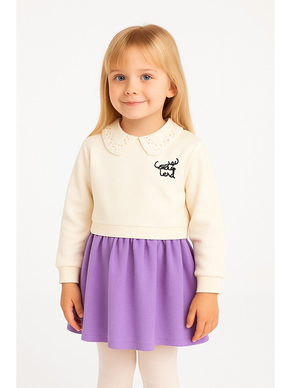 Lila Kız Çocuk Trend Tasarım Yakalı Premium Sweatshirt Elbise-1
