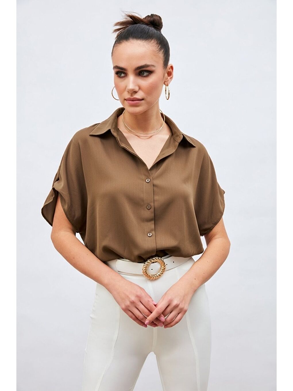 Kahverengi Kol Detaylı Salaş Gömlek - Kahve-1