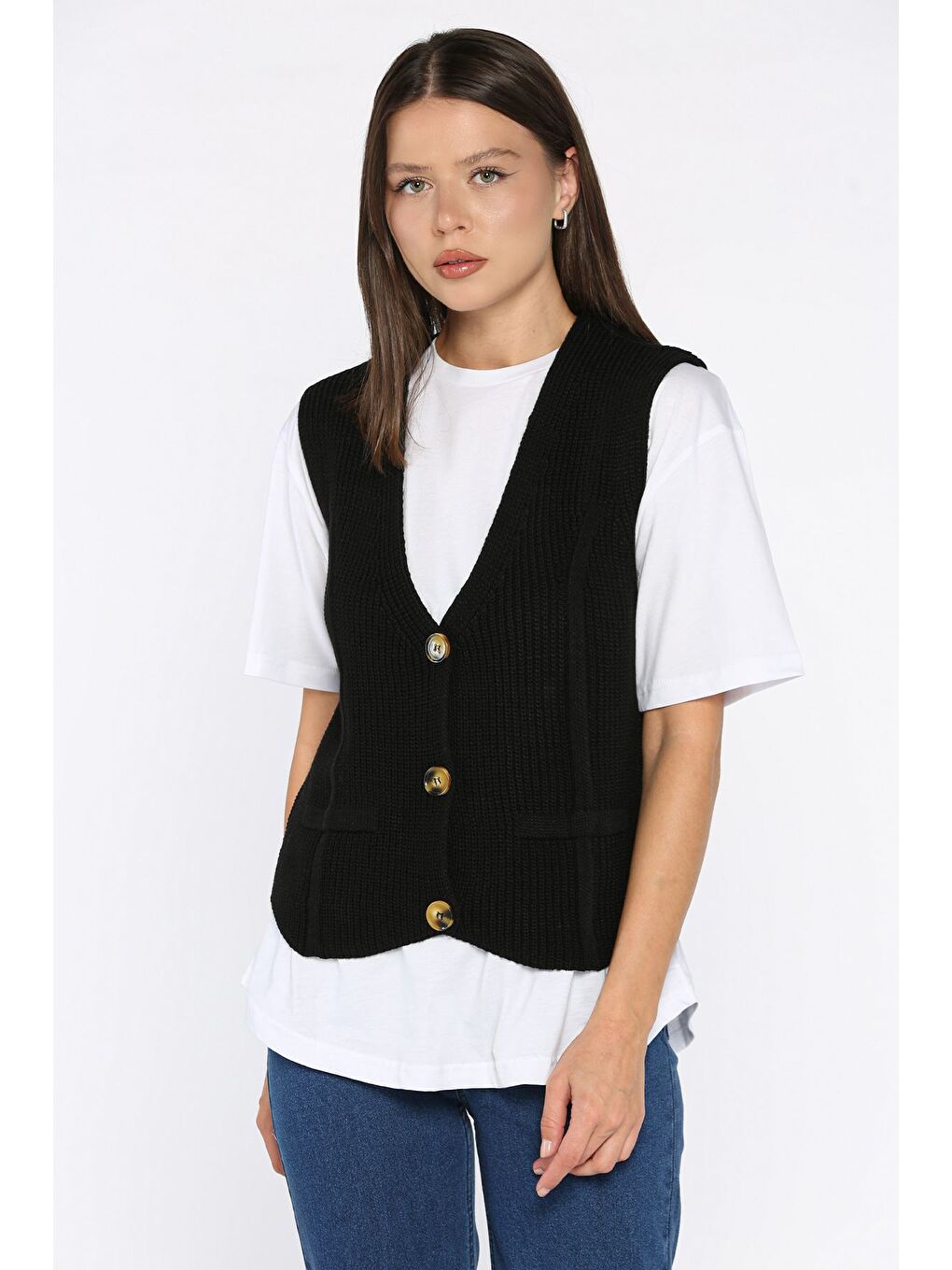 Siyah Kadın Düğmeli Triko Yelek (s-m-l-xl Uyumludur)-1