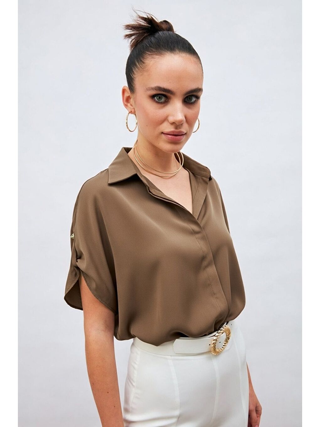 Kahverengi Kol Detaylı Salaş Gömlek - Kahve-2
