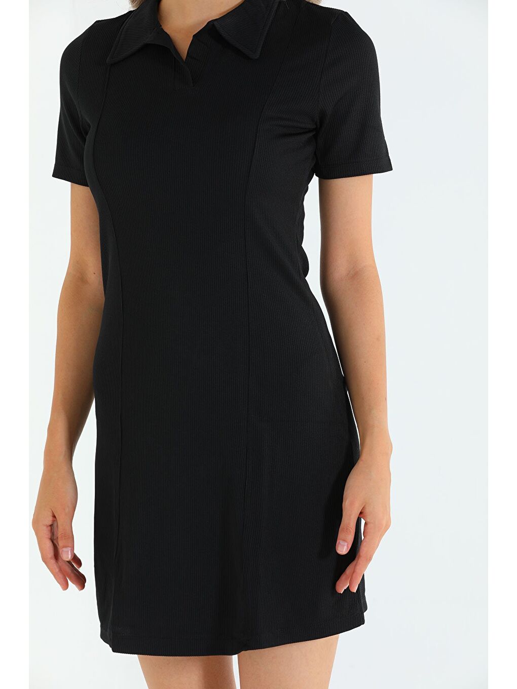 Siyah Kadın Polo Yaka Fitilli Elbise-8