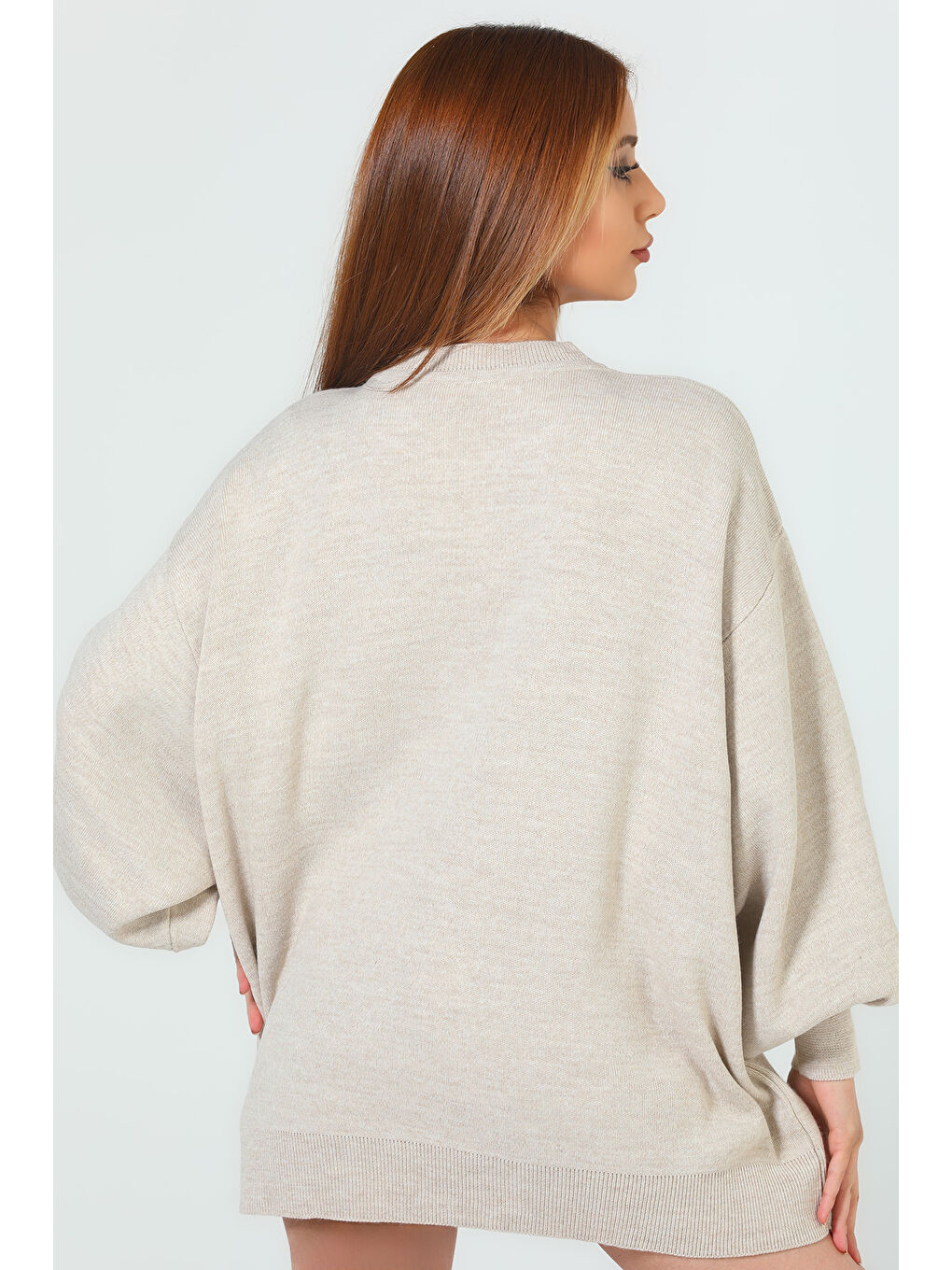 Bej Kadın Bisiklet Yaka Taşlı Salaş Triko Kazak (taşlar Farklı Gelebilir.)-7