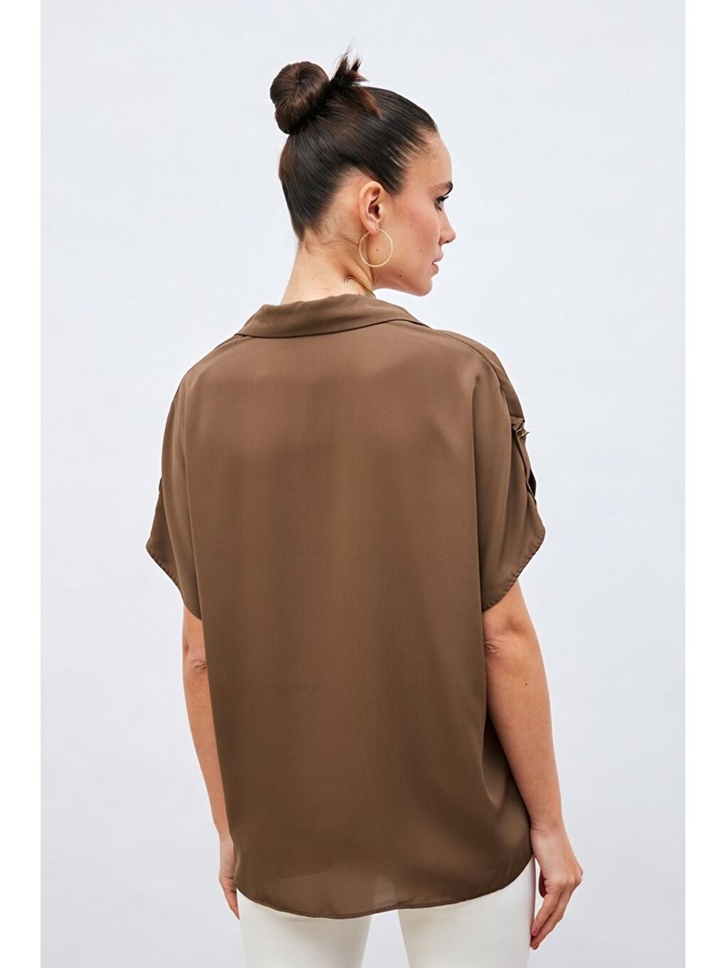 Kahverengi Kol Detaylı Salaş Gömlek - Kahve-3