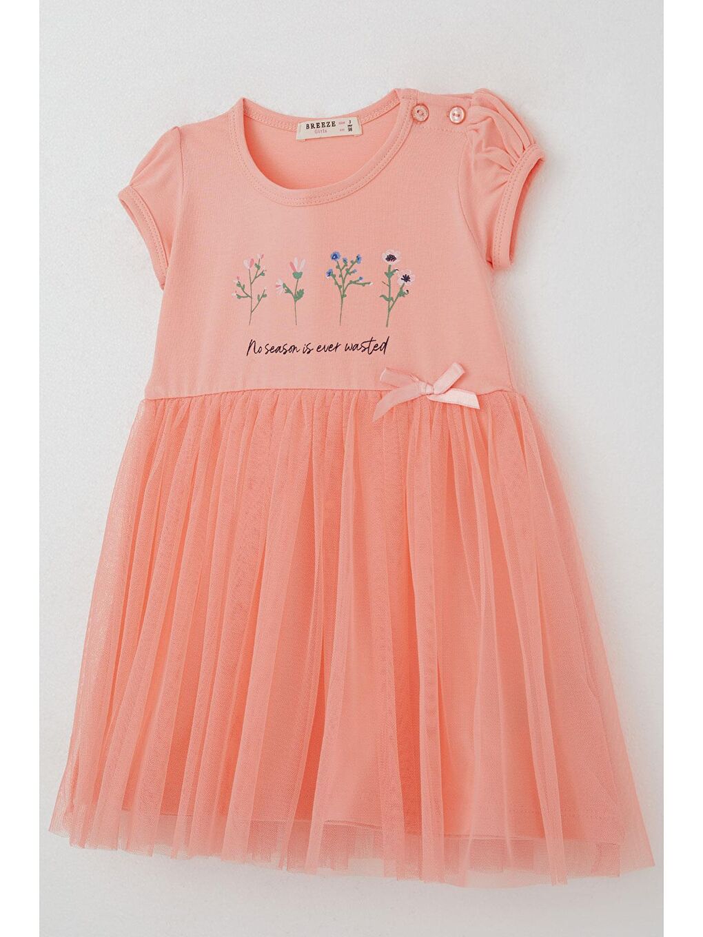 Pembe Kız Çocuk Elbise Çiçek Baskılı Tüllü Fiyonk Detaylı Somon (1.5-5 Yaş)-2
