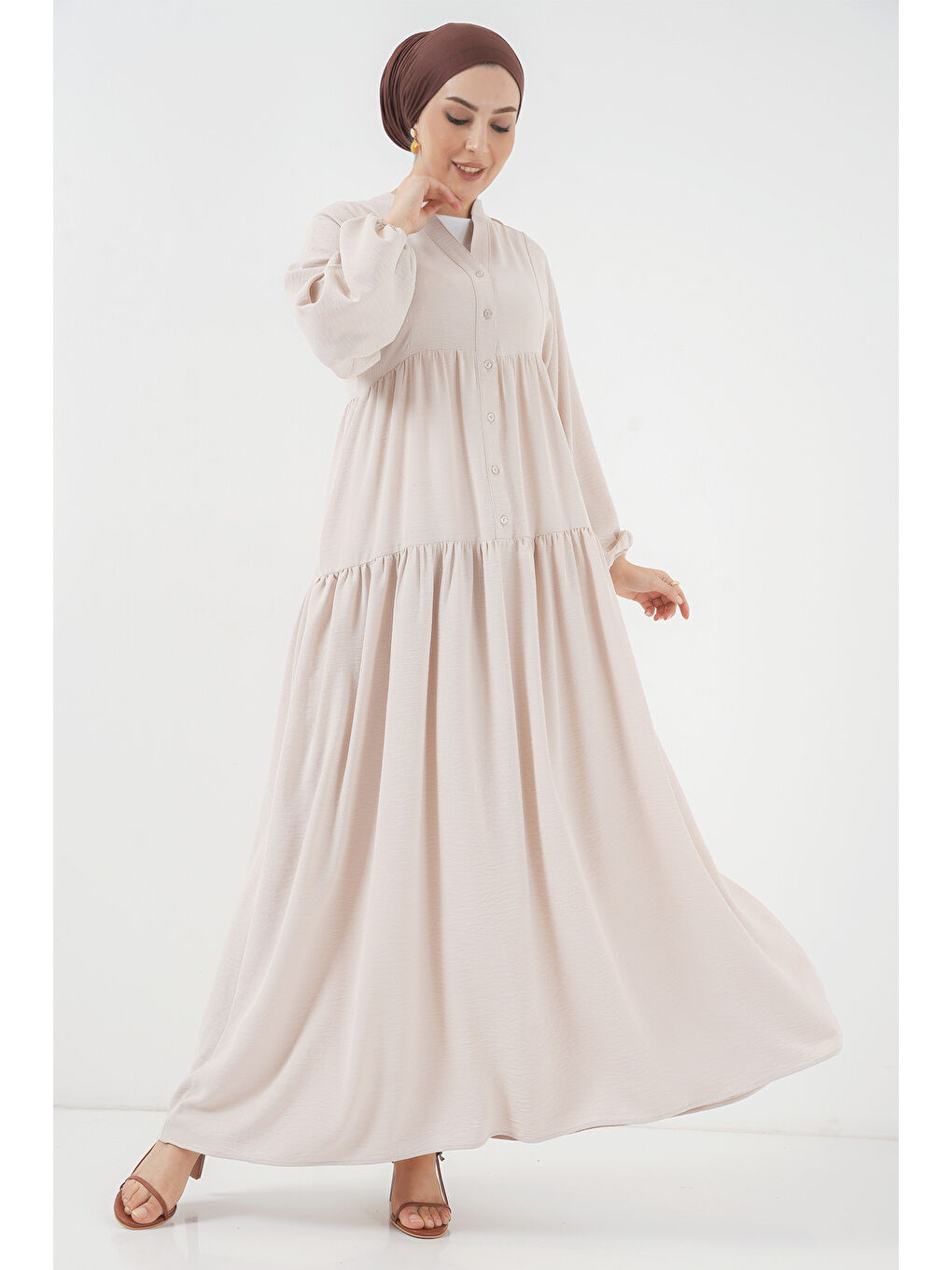 Ekru 2527 Kadın Uzun Tesettür Elbise - Krem