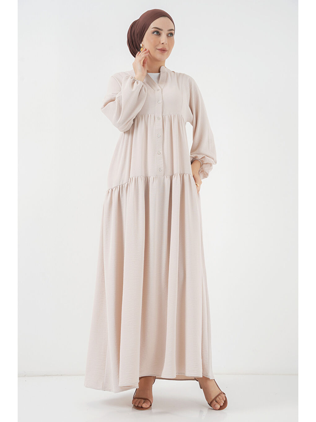 Ekru 2527 Kadın Uzun Tesettür Elbise - Krem-1