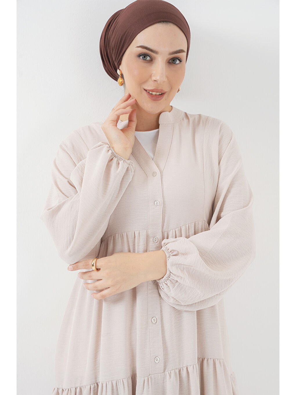 Ekru 2527 Kadın Uzun Tesettür Elbise - Krem-2