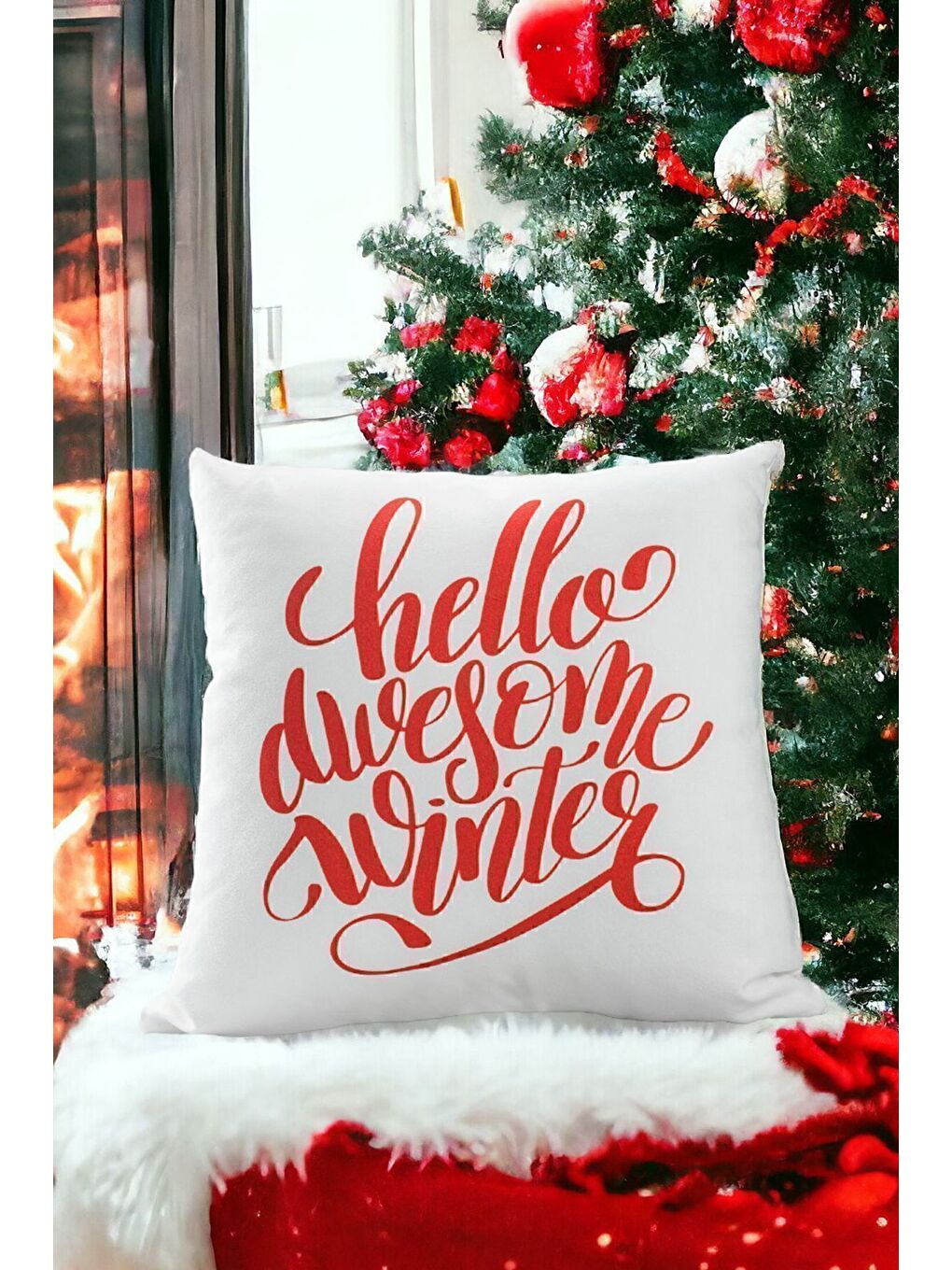 Yılbaşı Noel Temalı "Hello Awesome Winter" Kırmızı Yazı Baskılı Kırlent Kılıfı - Beyaz 43x43