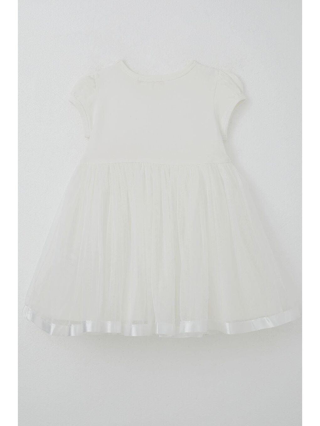 Kız Çocuk Elbise Tüllü Simli Fiyonk Aksesuarlı Ekru (2-6 Yaş)-1