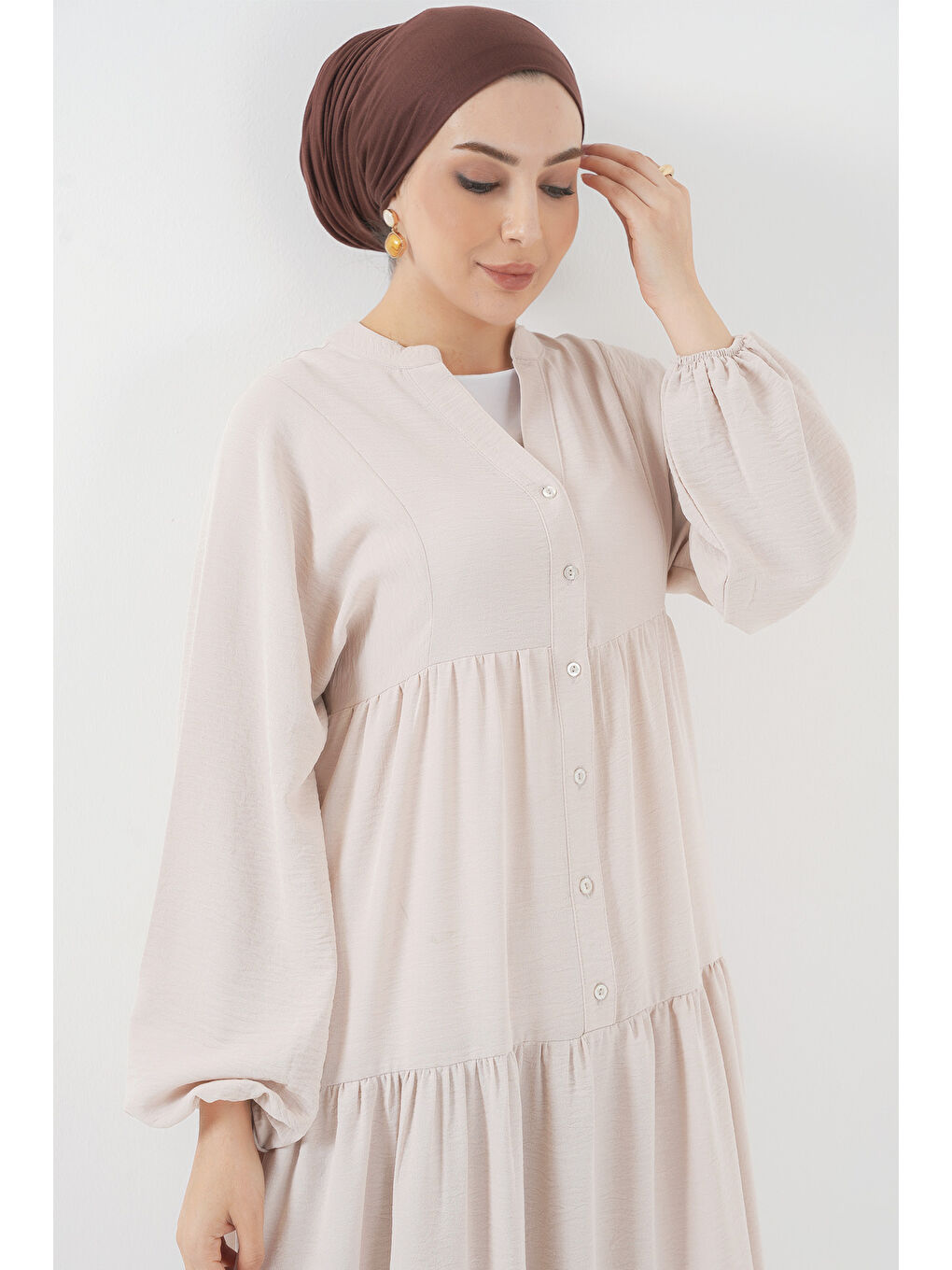 Ekru 2527 Kadın Uzun Tesettür Elbise - Krem-3