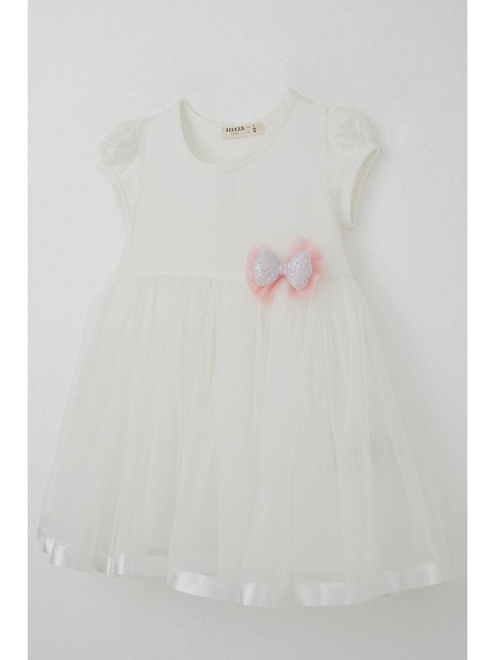 Kız Çocuk Elbise Tüllü Simli Fiyonk Aksesuarlı Ekru (2-6 Yaş)-2