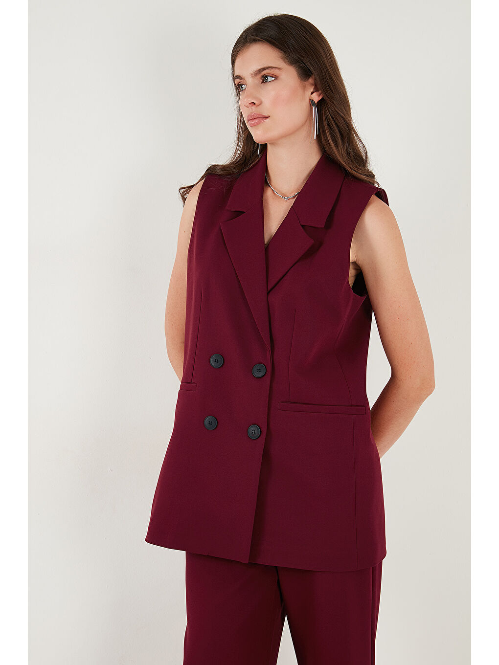 Bordo Oversize Fit Mono Yaka Kolsuz Düğmeli Kadın Ceket Yelek 6521177-5