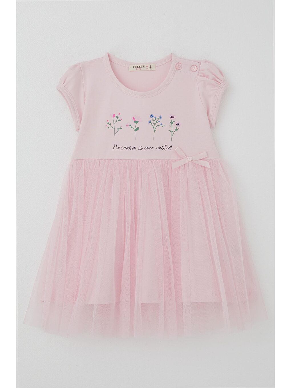 Kız Çocuk Elbise Çiçek Baskılı Tüllü Fiyonk Detaylı Pembe (1.5-2 Yaş)