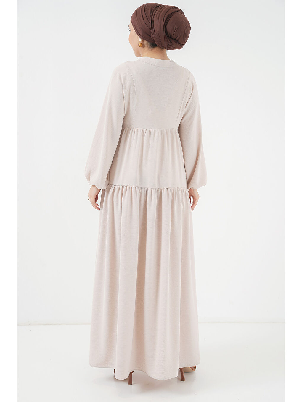 Ekru 2527 Kadın Uzun Tesettür Elbise - Krem-5