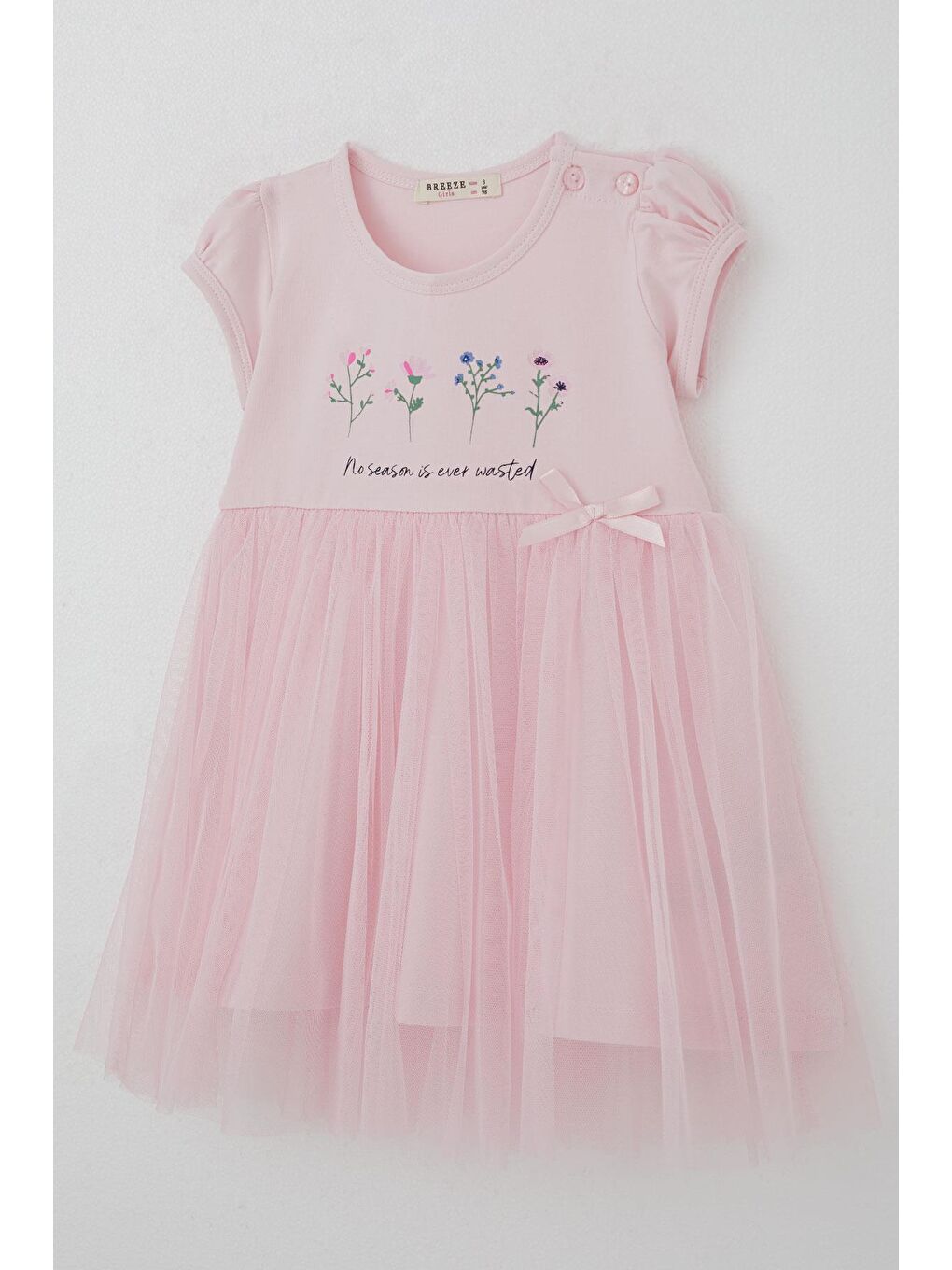 Kız Çocuk Elbise Çiçek Baskılı Tüllü Fiyonk Detaylı Pembe (1.5-2 Yaş)-2