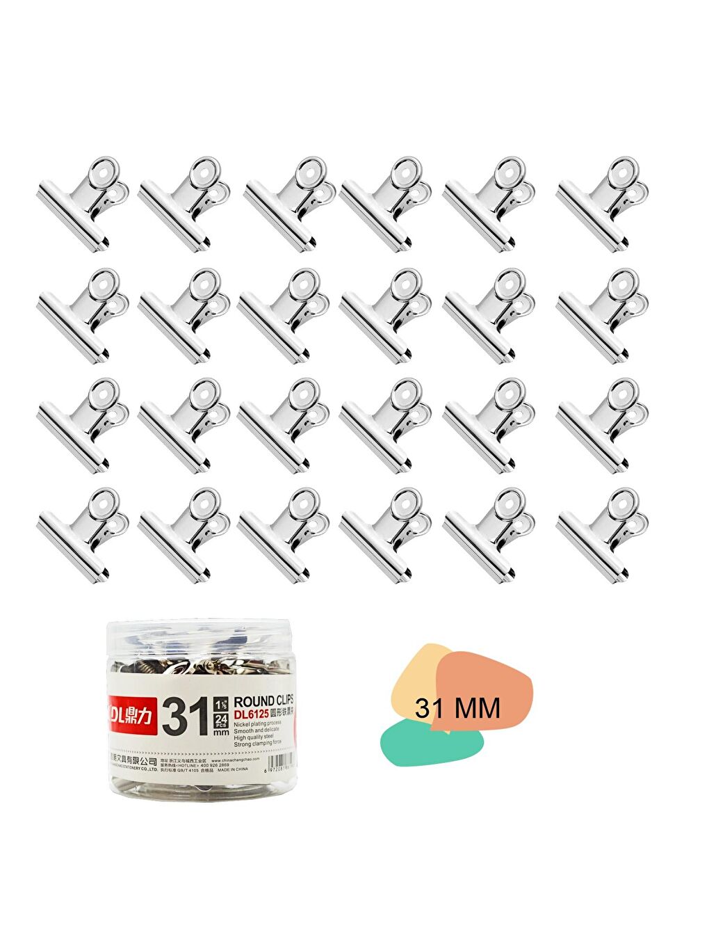 Round Clips 31 mm Gümüş Metal Maşa Kıskaç Plastik Kutu 24 Lü (DL6125)