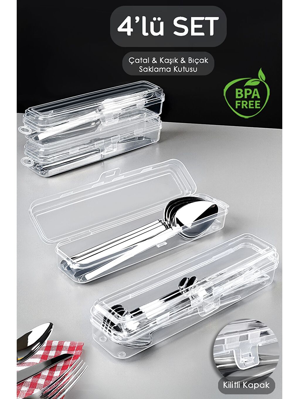 Renksiz 4'lü Çatal Bıçak Kaşık Saklama Kutusu Seti