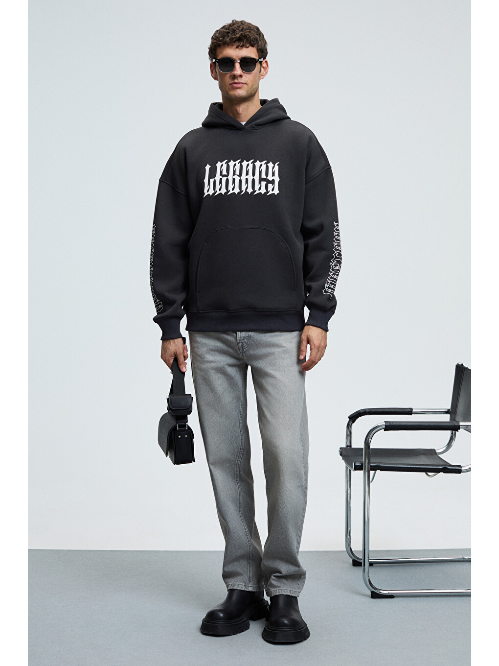 Armand Erkek Kapüşonlu Kanguru Cepli Önü Baskılı Oversize Antrasit Sweatshirt-2