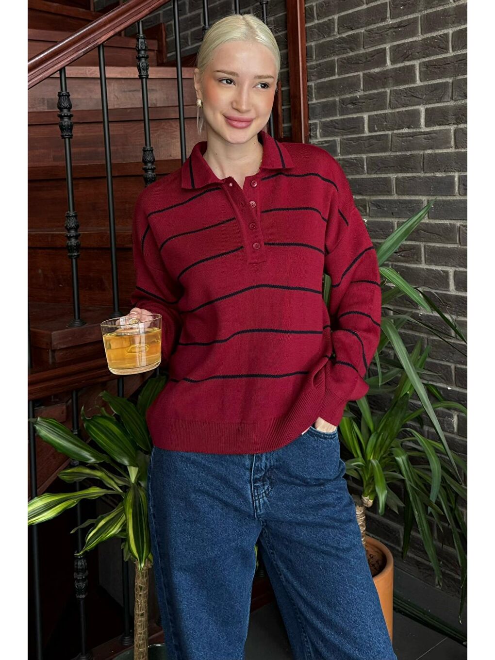 Bordo Çizgili Polo Yaka Kadın Triko Kazak Mg2470