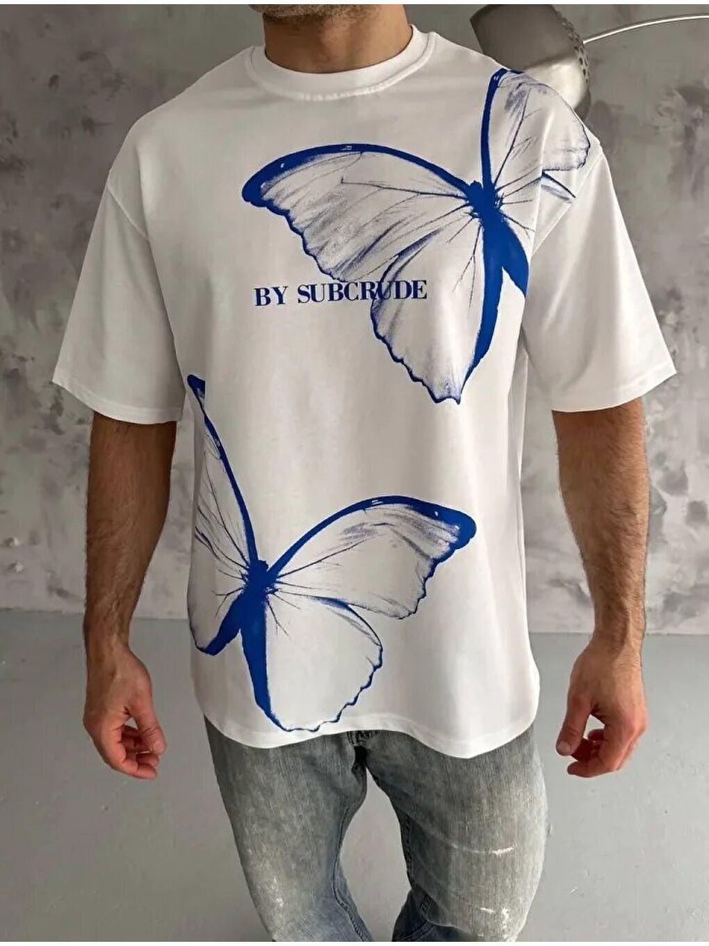 Unisex Bisiklet Yaka Baskılı Oversize T-Shirt - Beyaz