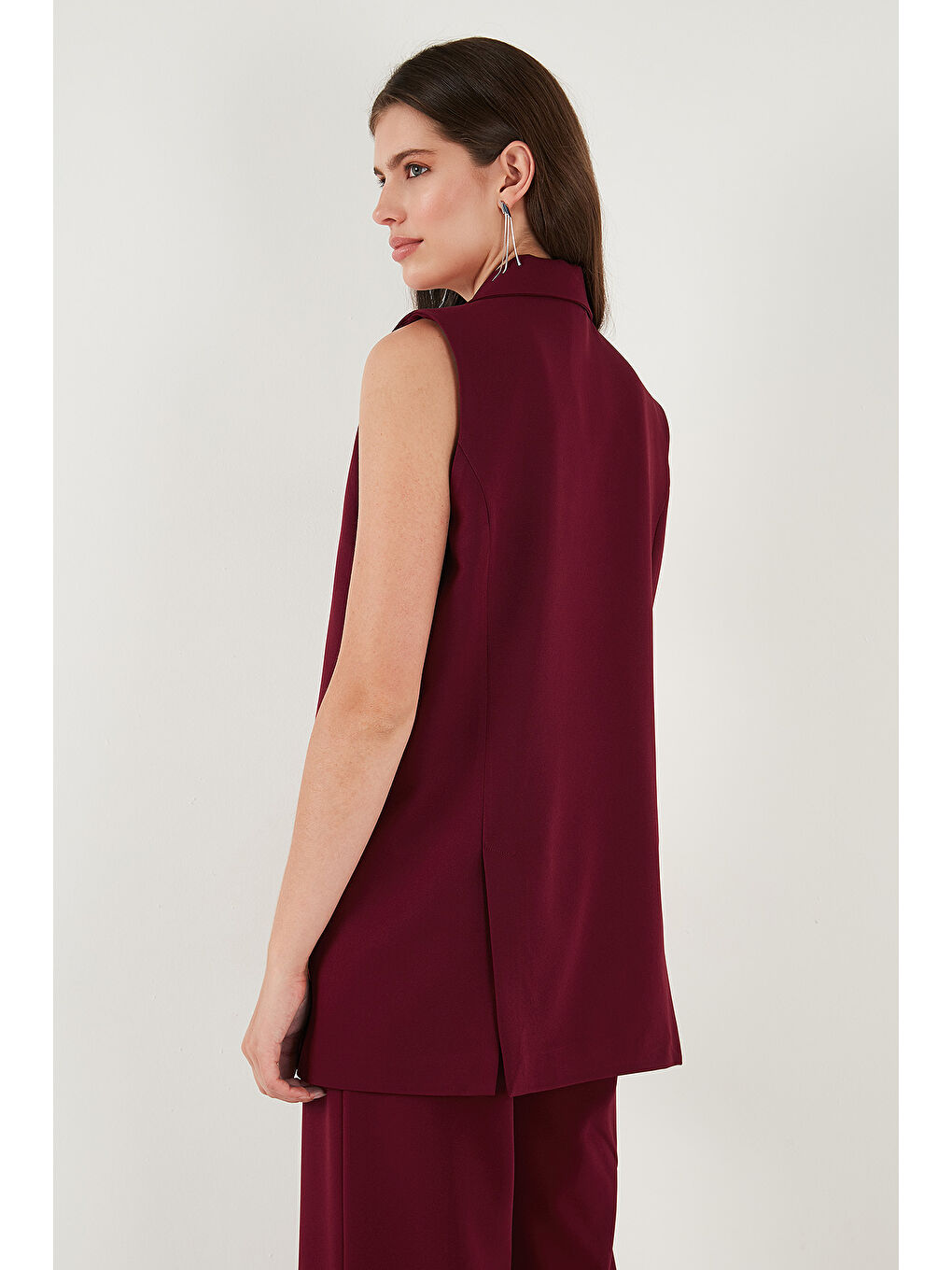 Bordo Oversize Fit Mono Yaka Kolsuz Düğmeli Kadın Ceket Yelek 6521177-6