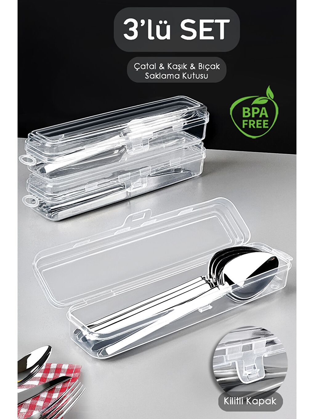 Renksiz 3'lü Çatal Bıçak Kaşık Saklama Kutusu Seti