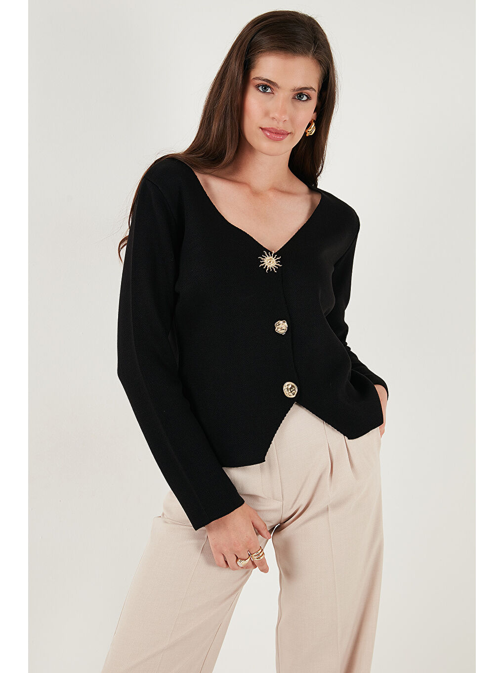 Siyah Premium Regular Fit V Yaka Düğmeli Triko Hırka 680HI00121-5