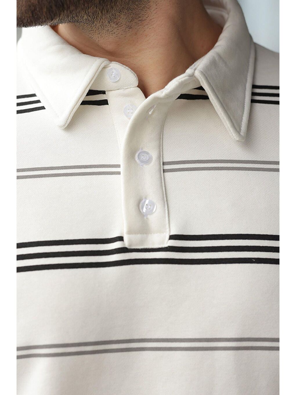 Ekru Çizgili Polo Yaka Erkek Sweatshirt E7172-1