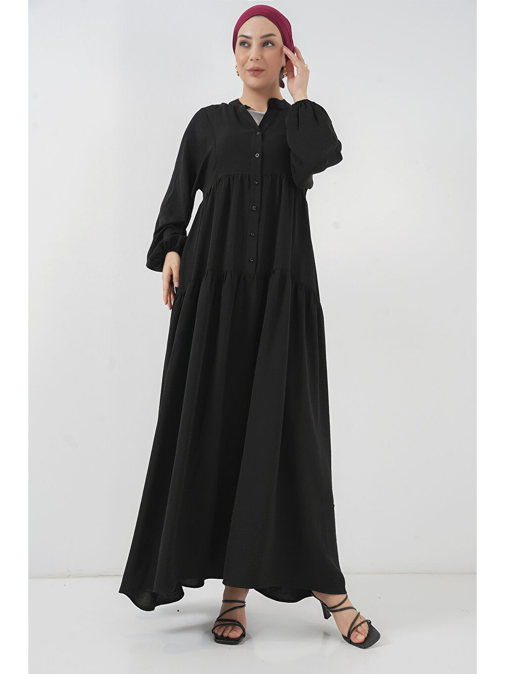 2527 Kadın Uzun Tesettür Elbise - Siyah-3