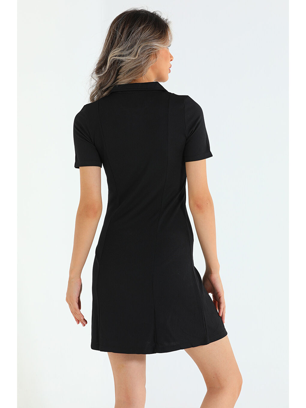 Siyah Kadın Polo Yaka Fitilli Elbise-11