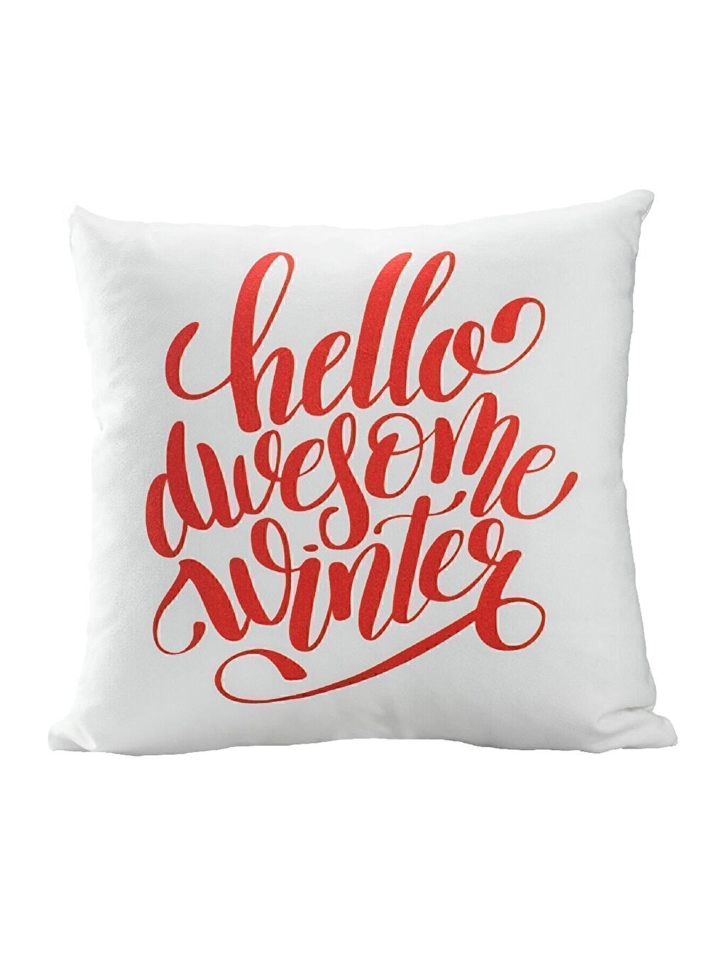 Yılbaşı Noel Temalı "Hello Awesome Winter" Kırmızı Yazı Baskılı Kırlent Kılıfı - Beyaz 43x43-1