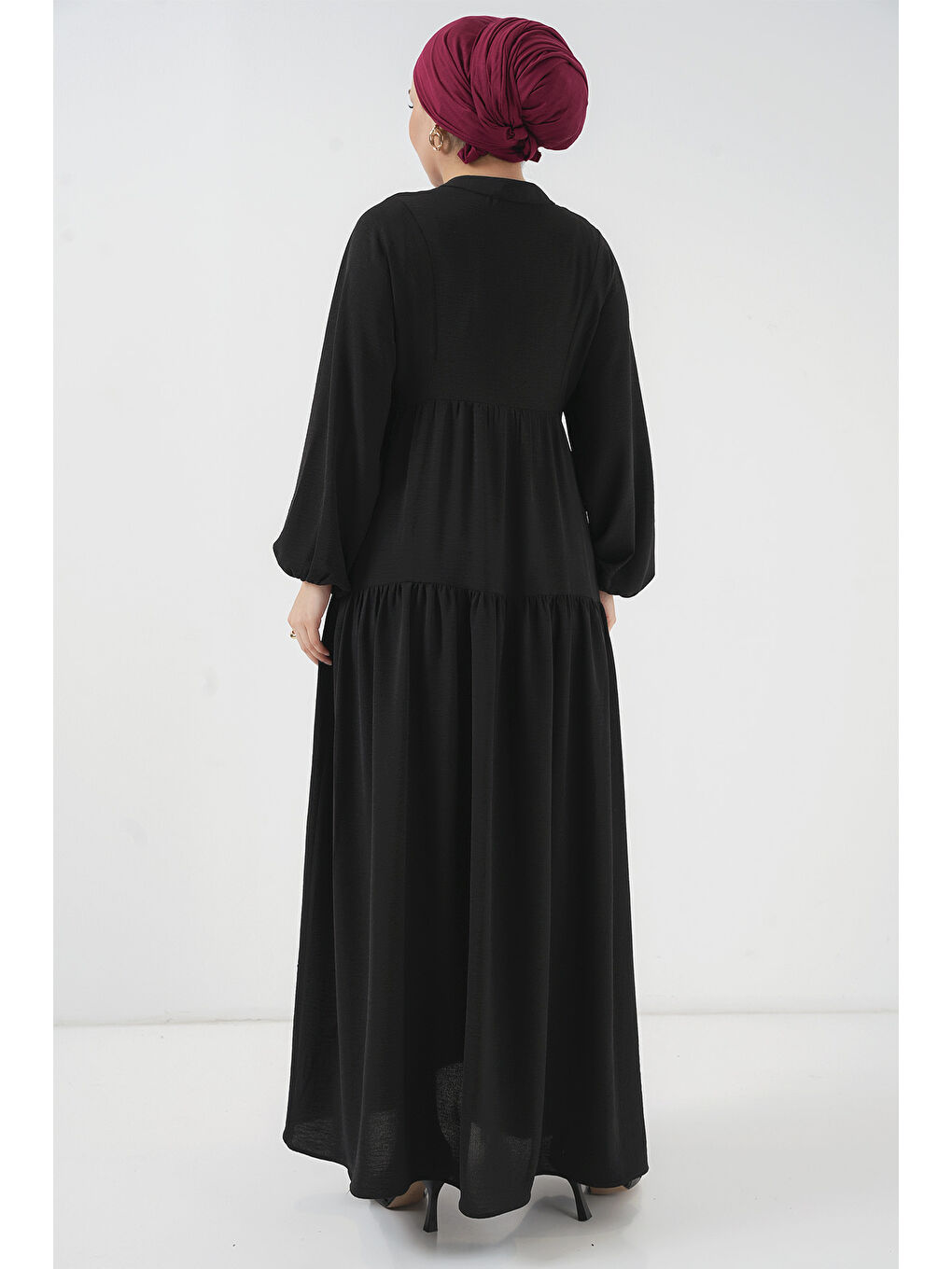 2527 Kadın Uzun Tesettür Elbise - Siyah-5