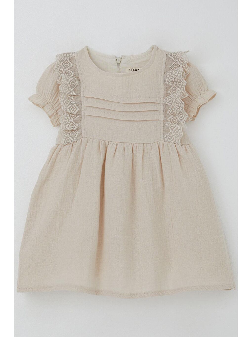 Kız Bebek Elbise Omuz Kısmı Güpür Detaylı Kolları Lastikli Bej (9 Ay-3 Yaş)